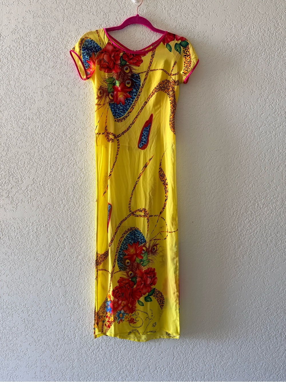 Long 100% Silk Yellow Sheer Side Slits Animal Print Tunic Dress Women’s Sz S